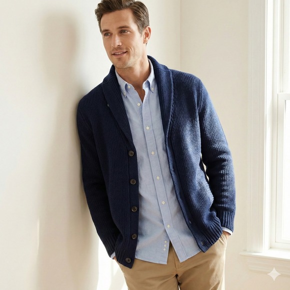 J. Crew Other - Vintage J Crew Shawl Collar Sweater Mens Large Navy Blue Wool Rabbit Blend Knit